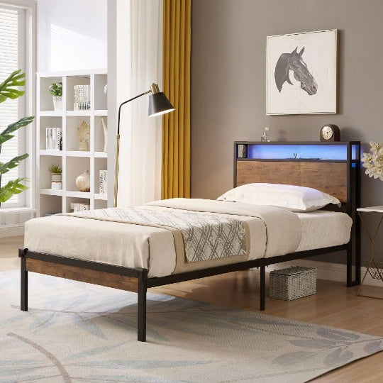 Twin Size Metal Platform Bed Frame With Wooden Headboard And Footboard With USB LINER