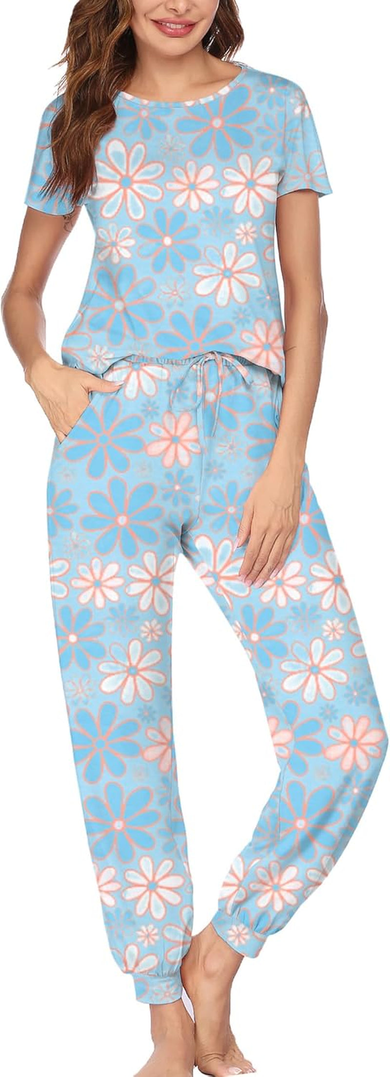 Womens Pajamas Set Short Sleeve Cute Printed Tops and Pants 2 Piece PJ Sets Joggers Loungewear Sleepwear with Pockets