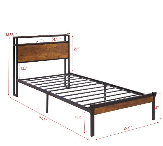 Twin Size Metal Platform Bed Frame With Wooden Headboard And Footboard With USB LINER