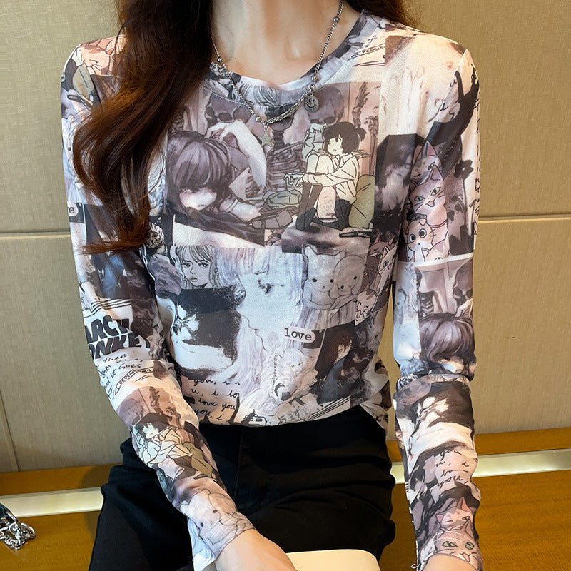 Printed Round Neck Long Sleeve Loose All-match