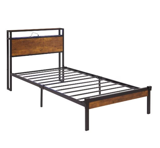 Twin Size Metal Platform Bed Frame With Wooden Headboard And Footboard With USB LINER