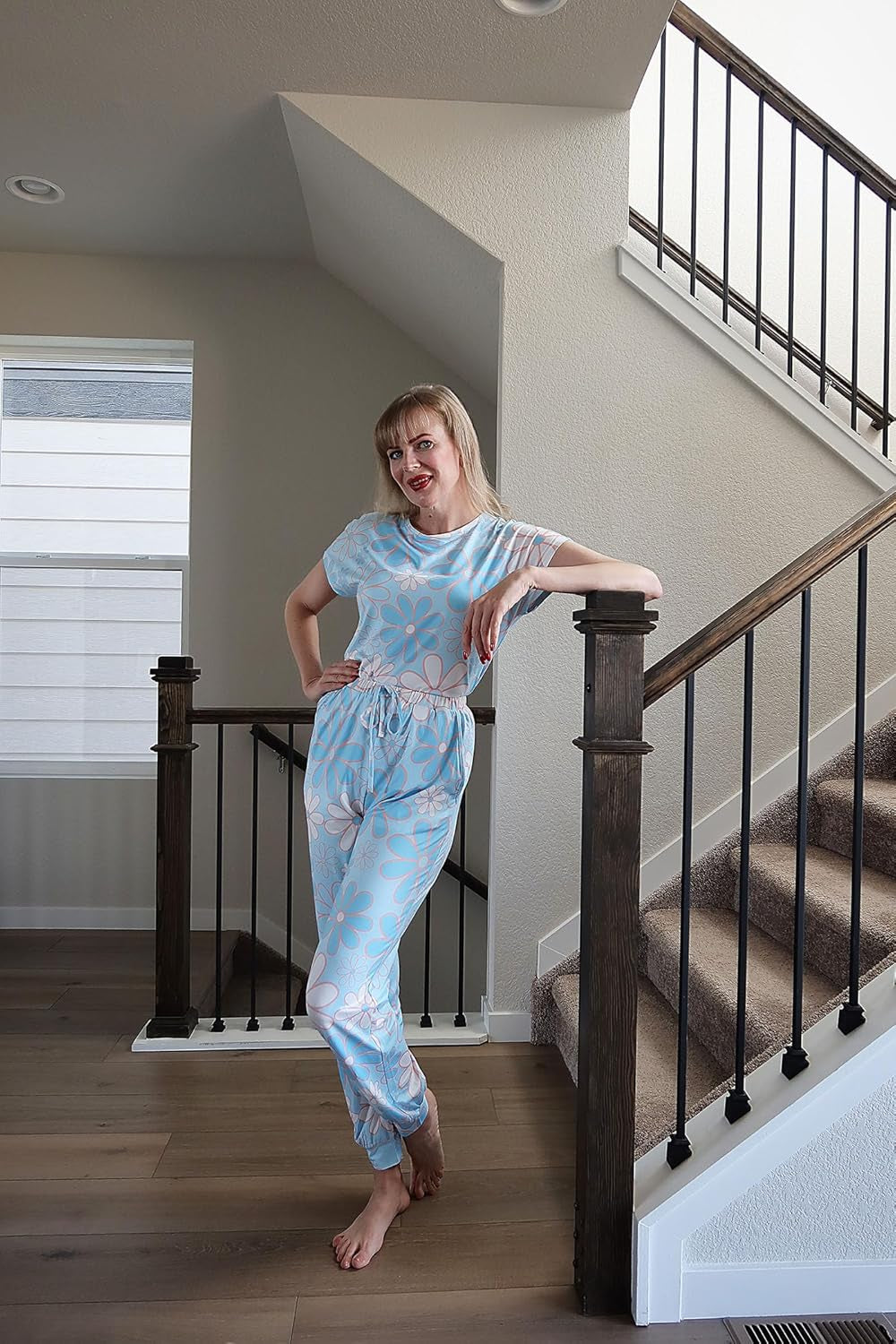 Womens Pajamas Set Short Sleeve Cute Printed Tops and Pants 2 Piece PJ Sets Joggers Loungewear Sleepwear with Pockets