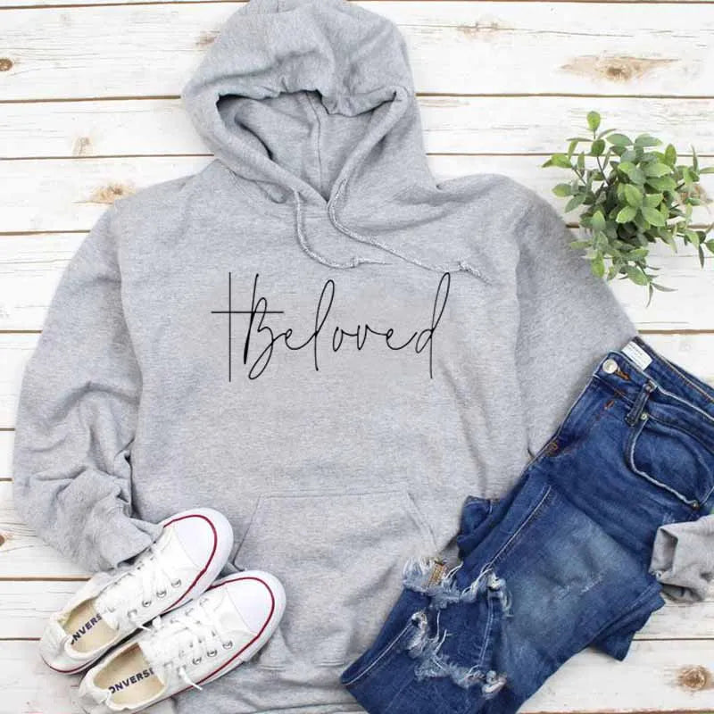 Beloved Graphic Hoodies Casual Bible Verse Fashion Clothing Sweatshirt Cotton Christian Jesus Beloved Cross Pullover Gift Tops